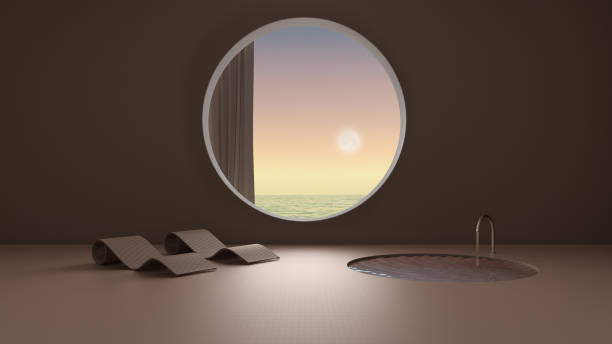 istock Imaginary fictional architecture, interior design of empty space with round window with curtain, concrete rosy walls, pool with chaise longue, sunrise sunset sea panorama 1280430087