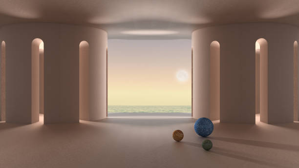 Imaginary fictional architecture, interior design of empty space with arched doors, colonnade and porch, baptistery, concrete rosy walls, marble balls, sunrise sunset sea panorama
