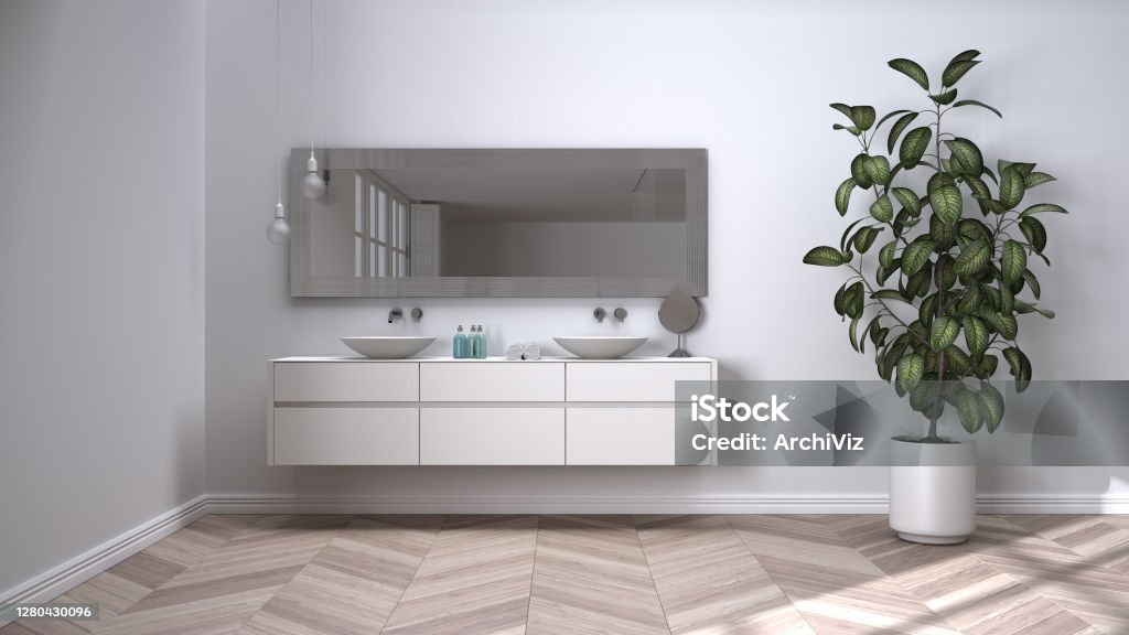 Spacious bathroom in beige tones with herringbone parquet floor, close-up, double sink with towels and beauty bottles, mirror, potted plant, minimalist interior design concept idea Herringbone Stock Photo
