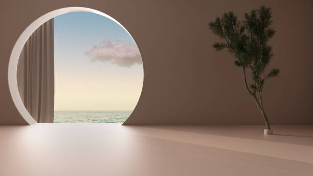 istock Imaginary fictional architecture, interior design of empty space with round arched window with curtain, concrete rosy walls, potted pine tree, sunrise sunset sea panorama with cloud 1280430102