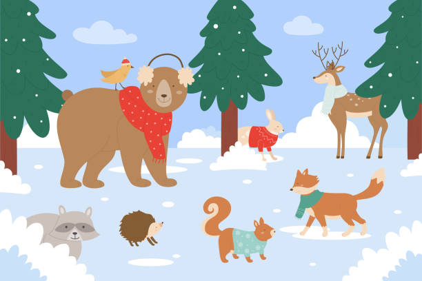 Animals In Winter Forest Cartoon Cute Animalistic Characters In Scarf Or  Sweater Standing Together Stock Illustration - Download Image Now - iStock