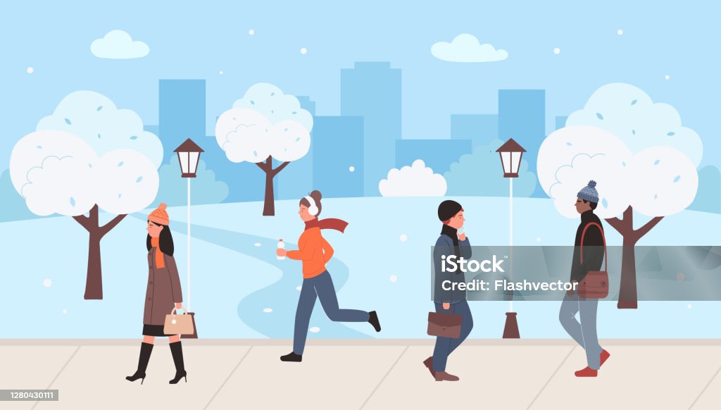 Ilustración de La Gente En La Calle De La Ciudad De Invierno Dibujos  Animados Plano Paisaje Urbano Nevado Con Personajes De Mujer Hombre Que  Caminan y más Vectores Libres de Derechos de
