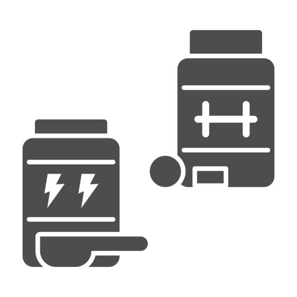 Sports nutrition solid icon, Gym concept, jars with supplement sign on white background, Bottles of pills icon in glyph style for mobile concept and web design. Vector graphics. Sports nutrition solid icon, Gym concept, jars with supplement sign on white background, Bottles of pills icon in glyph style for mobile concept and web design. Vector graphics nutritional supplement illustrations stock illustrations