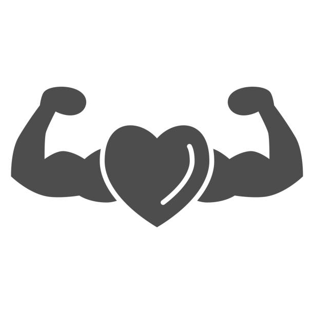 ilustraciones, imágenes clip art, dibujos animados e iconos de stock de icono sólido corazón sano y fuerte, concepto de gimnasio, fuerte signo de salud sobre fondo blanco, corazón con el icono de brazos musculares en estilo glifo para el concepto móvil y el diseño web. gr�áficos vectoriales. - muscular build illustrations