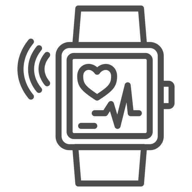 ilustraciones, imágenes clip art, dibujos animados e iconos de stock de icono de línea de reloj inteligente, concepto de gimnasio, reloj de pulsera con signo de frecuencia cardíaca en fondo blanco, icono de pulsera de fitness en estilo de esquema para el concepto móvil y el diseño web. gráficos vectoriales. - ordenador para utilizar como accesorio