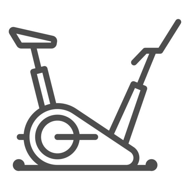 illustrazioni stock, clip art, cartoni animati e icone di tendenza di icona della linea di bici da ginnastica, concetto di palestra, cartello della bici stazionaria su sfondo bianco, icona del ciclismo fitness in stile contorno per il concetto mobile e il web design. grafica vettoriale. - spinning instructor exercising gym