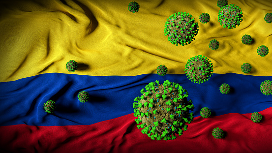 Colombia coronavirus invasion crisis abstract cover background. Government virus response, action, protection, awareness, threat handling, and prevention.