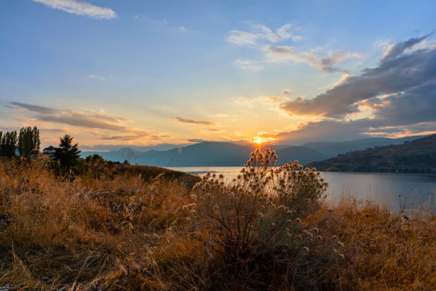 Sunrise over mountains and lake. Yellow grass in the foreground. Trees and residential buildings in the background. The blue cloudy sky is illuminated by sunbeams.