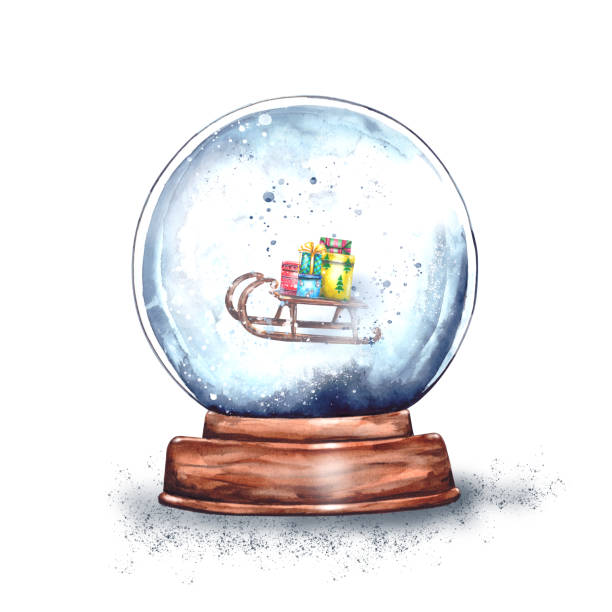 ilustraciones, imágenes clip art, dibujos animados e iconos de stock de ilustración de acuarela: un globo de nieve de cristal de navidad mágico en un soporte de madera con un pequeño trineo de madera en su interior. sorpresa de año nuevo, regalo de santa claus, recuerdo de nieve.aislado sobre un fondo blanco - snow globe dome glass transparent