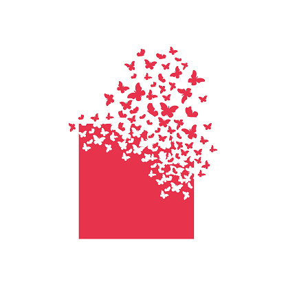 The square shape turns into a cloud of butterflies. Effect of destruction. Dispersion. Butterfly, moth.
