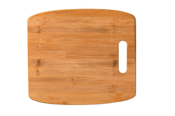 istock semicircular wooden cutting board isolated on white. Top view 1280452197