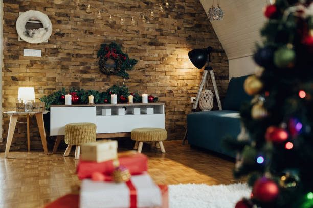 istock Festively decorated living room on Christmas. 1280453433