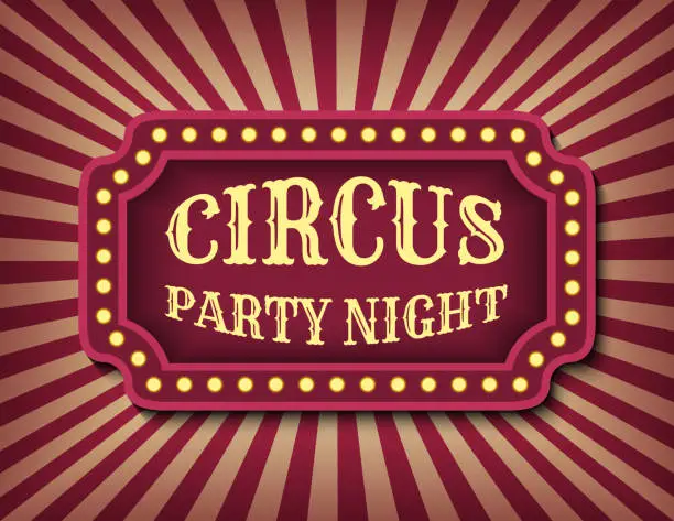 Vector illustration of Circus party night advertisement template of stock banner. Halloween vintage theme. Brightly glowing retro cinema neon sign. Circus style show banner template. Background vector poster image