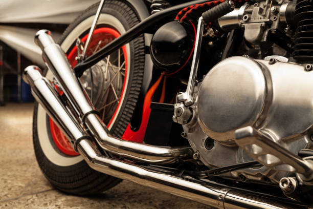 Custom bobber motorbike in an workshop garage. stock photo