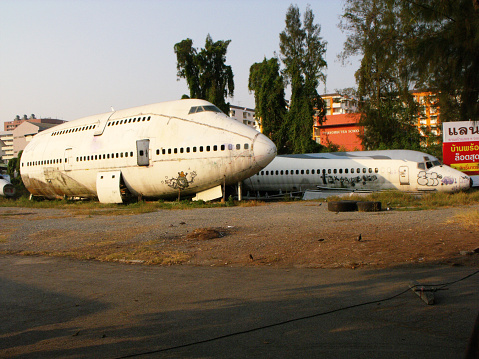 Bangkok, Thailand, April 12, 2016: Fuselage of several large aircraft abandoned in the city of Bangkok. Thailand