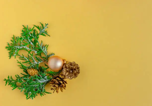 stylish, modern Christmas greeting card - composition of juniper branches and cones. The background is yellow-gold, the colors in the composition are gold, green. perfect gift. Flat lay, copy space, top view. High quality photo