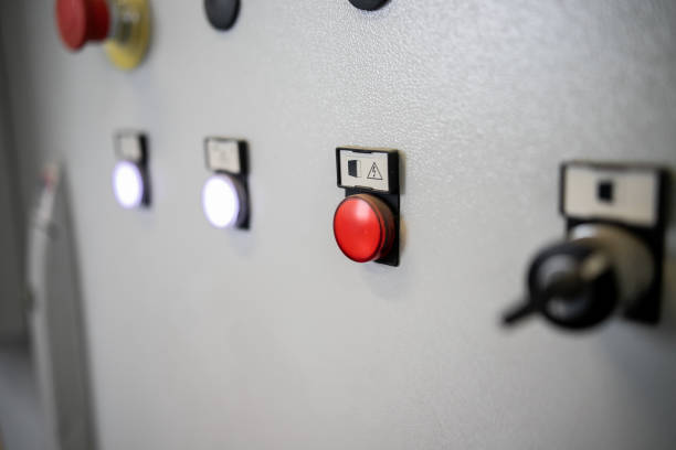 istock Close up emergency stop button on control panel of machine for safety at factory 1280458208