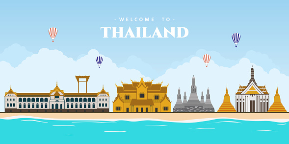 Bangkok city panorama and beautiful the world famous landmark in Thailand. The best place for tourist vacation. Modern buildings and high towers in Bangkok downtown. Vector illustration