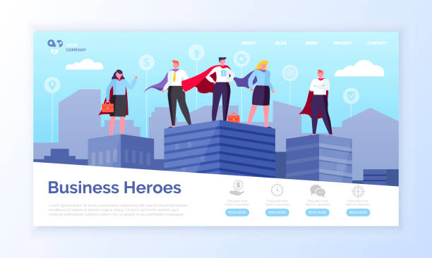 ilustrações, clipart, desenhos animados e ícones de página da web dos heróis de negócios, empreendedores em casacos - business super hero