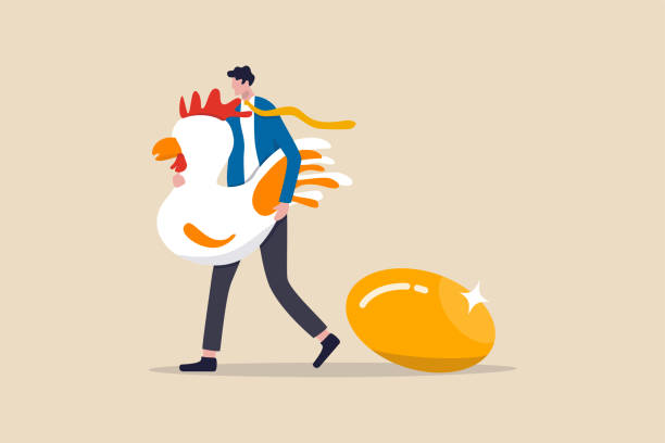 골든 계란, 귀중한 높은 수익률 투자 또는 배당 개념으로 성공 은퇴 계획, 행복한 사업가 투자자 또는 귀중한 황금 계란큰 흰 암탉을 들고 사무실 급여 남자. - retirement eggs animal egg gold stock illustrations