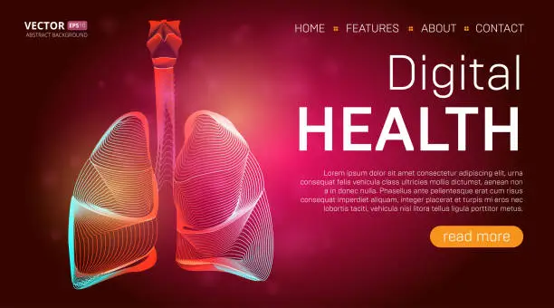 Vector illustration of Digital health landing page template or medical hero banner design concept. Human lungs outline organ vector illustration in 3d line art style on abstract background