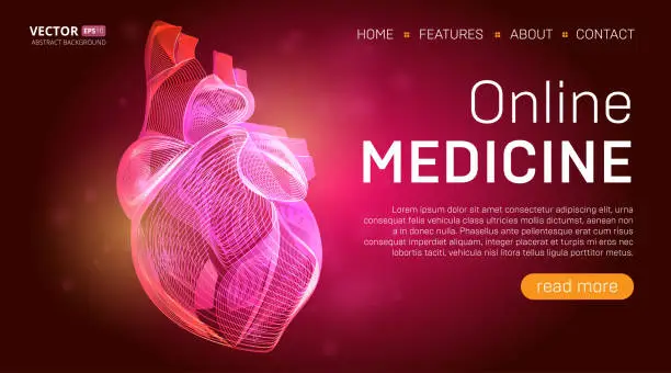 Vector illustration of Online medicine landing page template or medical hero banner design concept. Human heart outline organ vector illustration in 3d line art style on abstract background