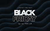 Black Friday Sale. Vector holiday illustration with paper text on black wavy cloth background