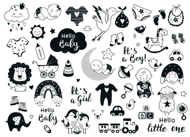 illustrazioni stock, clip art, cartoni animati e icone di tendenza di elementi di design per bambini e bambini. - baby congratulating toy birthday