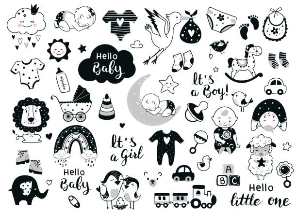 Baby and kids design elements. Baby and kids design elements. Perfect for baby shower invitation nursery decor, birthday greeting cards, sticker kit. Cute black and white illustrations. new baby stock illustrations