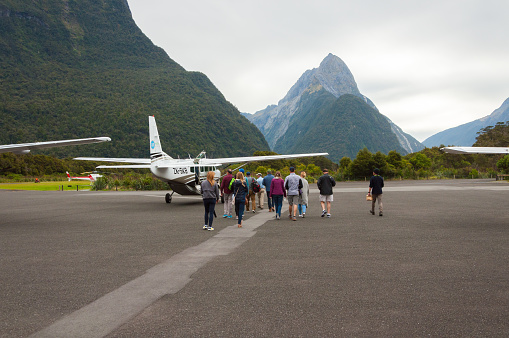 Queenstown, New Zealand - March 09, 2019: GippsAero GA8 Airvan aircraft, ready to take tourists to scenic flight over mountains and Fiordland National Park
