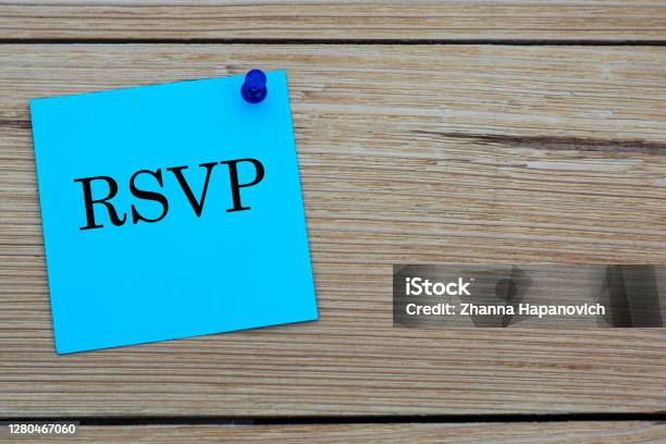Rsvp Acronym Written On A Blue Sheet Pinned To A Wooden Board Stock Photo - Download Image Now