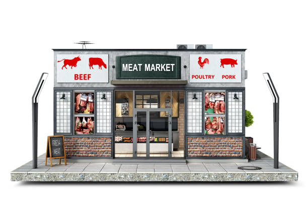 frontansicht auf einem modernen fleischmarkt, 3d-illustration - butcher meat butchers shop steak stock-fotos und bilder