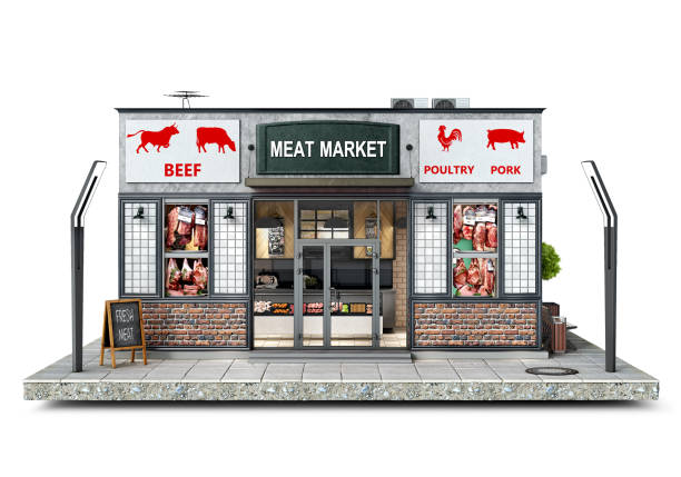 Front view on a modern meat market, 3d illustration