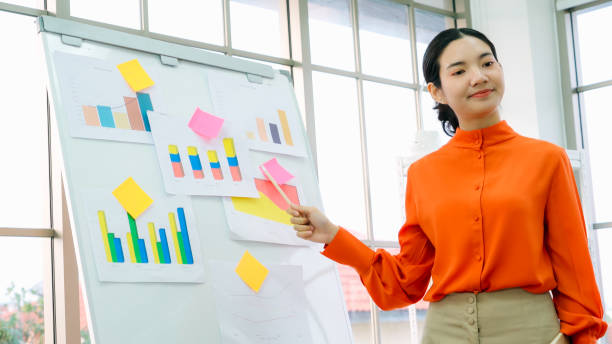 istock Young woman explains business data on white board 1280469490