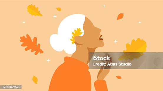 istock Autumn leaf fall. Girl and falling autumn leaves. Abstract woman with white hair and in warm clothes. The concept of walking in the park, meditation and pleasure. 1280469570