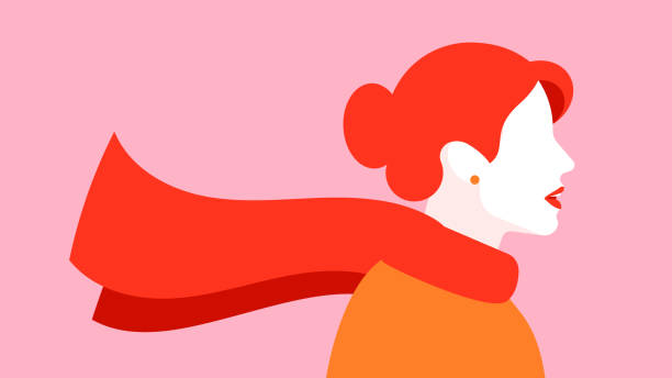 スカーフに女性のシルエットを持つ抽象芸術ポスター。赤いスカーフを着た赤い髪の女性。秋、風、スタイルのコンセプト。 - scarf blowing women autumn点のイラスト素材／クリップアート素材／マンガ素材／アイコン素材