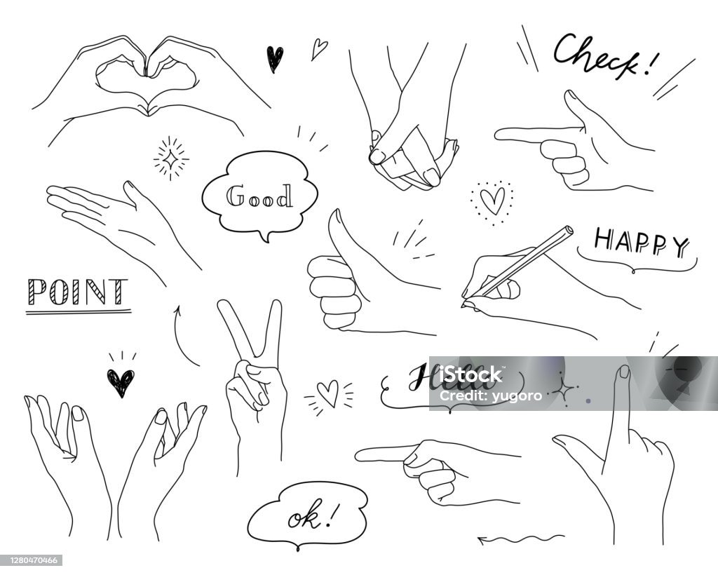 Set of hand doodle illustrations of various poses such as peace, heart, good, point Hand stock vector