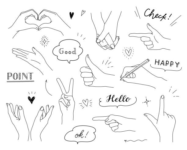 Set of hand doodle illustrations of various poses such as peace, heart, good, point Set of hand doodle illustrations of various poses such as peace, heart, good, point index finger illustrations stock illustrations