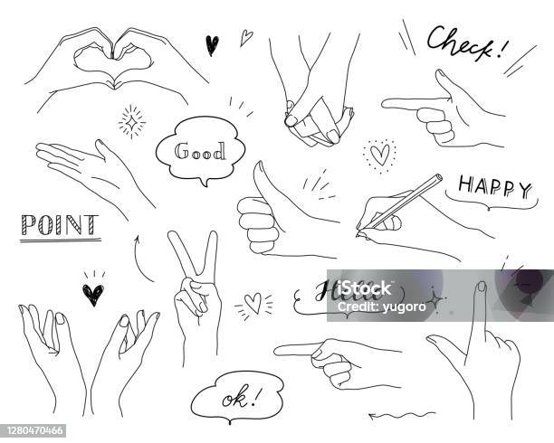 Set Of Hand Doodle Illustrations Of Various Poses Such As Peace Heart Good Point Stock Illustration - Download Image Now
