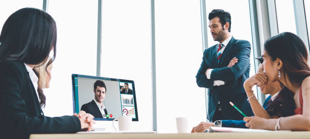 istock Video call group business people meeting on virtual workplace or remote office 1280472864