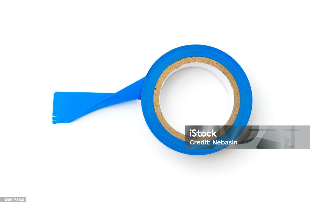 Insulating tape in blue on a white background. Isolated. Backgrounds Stock Photo