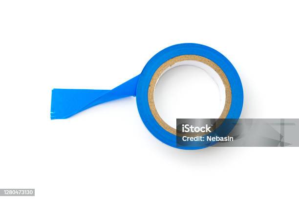 Insulating Tape In Blue On A White Background Isolated Stock Photo - Download Image Now