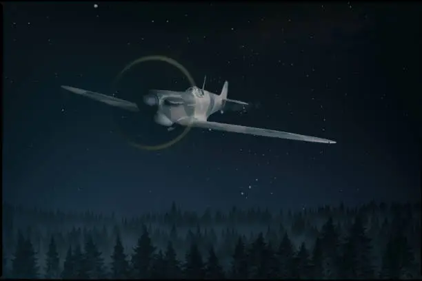 A classic Mk 1 Spitfire flying at night. Model photography.