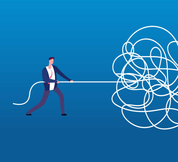 istock Businessman unraveling tangled rope. Difficult problem, chaos and mess vector business concept 1280474897