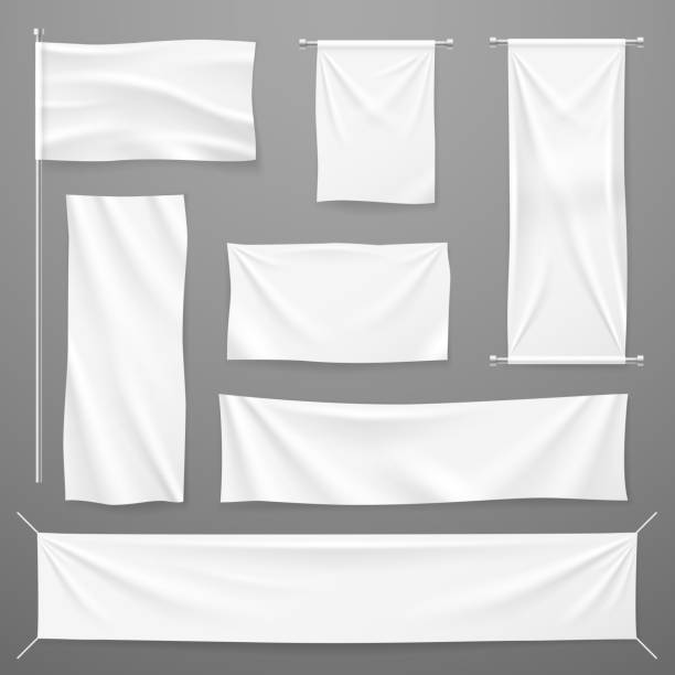 istock Textile banners. White blank cloth horizontal, vertical banners and flag. Fabric advertising ribbons and posters vector template 1280474930