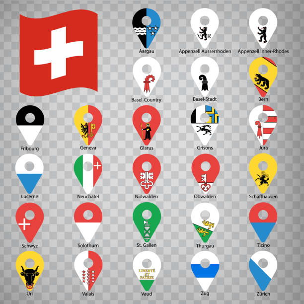 ilustraciones, imágenes clip art, dibujos animados e iconos de stock de veintiséis banderas de las provincias de suiza - orden alfabético con nombre.  conjunto de señales de geolocalización 2d como banderas cantones de suiza.  veintiséis señales de geolocalización 2d para su diseño. eps10 - geneva canton