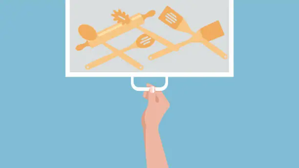 Vector illustration of Kitchen drawer with wooden spoons and spatulas. A female hand opens a cupboard in the kitchen. Vector illustration.