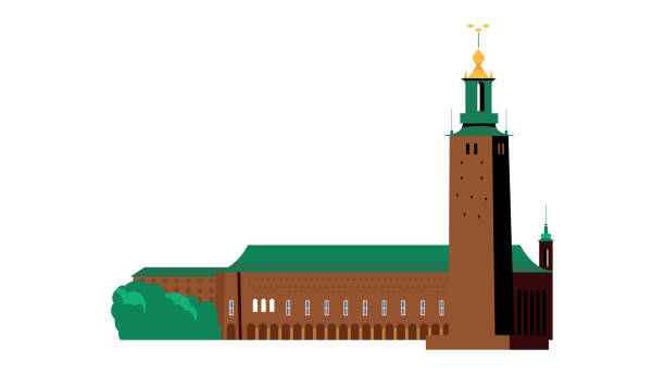 ilustraciones, imágenes clip art, dibujos animados e iconos de stock de ayuntamiento o stadshuset en estocolmo suecia. ilustración vectorial de un famoso edificio, un punto de referencia de la ciudad. - kungsholmen