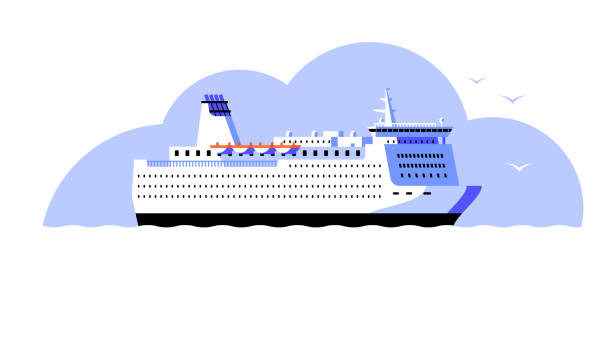 ilustraciones, imágenes clip art, dibujos animados e iconos de stock de ferry. gran barco blanco en el mar. ilustración vectorial en un estilo plano. - ferry