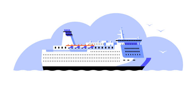 illustrations, cliparts, dessins animés et icônes de ferry. grand bateau blanc dans la mer. illustration vectorielle dans un modèle plat. - ostrava